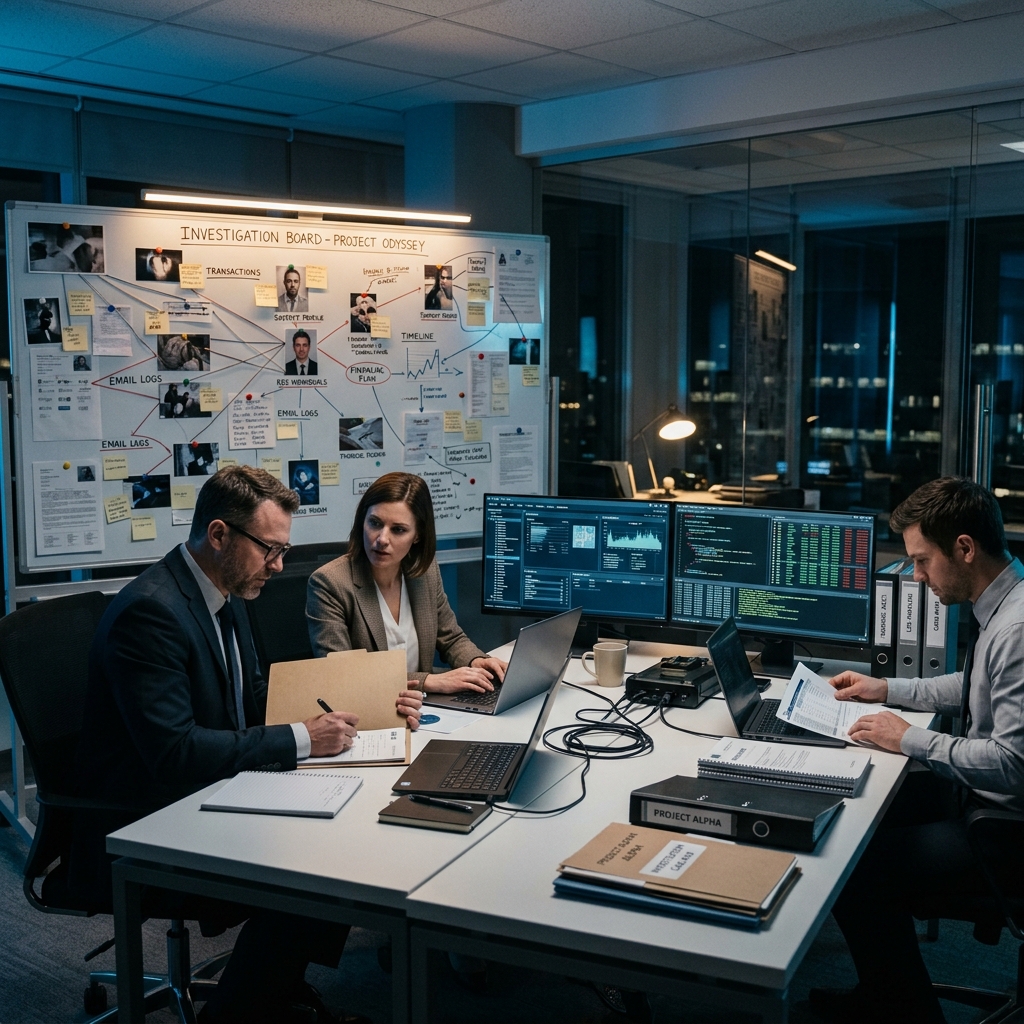 Corporate investigation team reviewing evidence and digital forensics