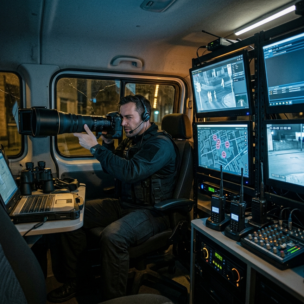 Covert surveillance operative with monitoring equipment and camera